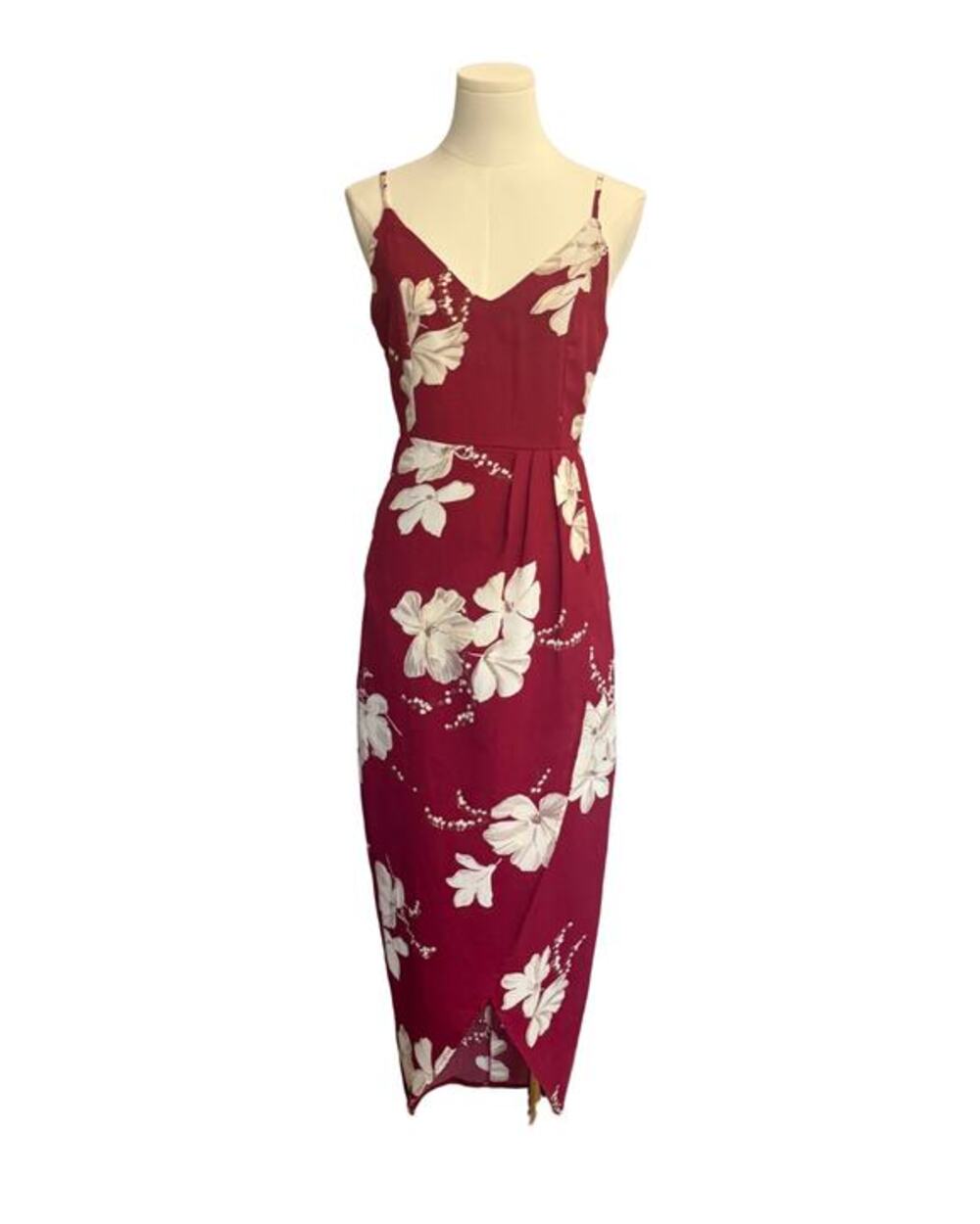 CMZ2005 Maroon Floral Faux Wrap Maxi Dress XS Spaghetti Strap